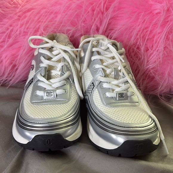 Chanel Women's Silver and White Sneakers - Picture 6 of 6